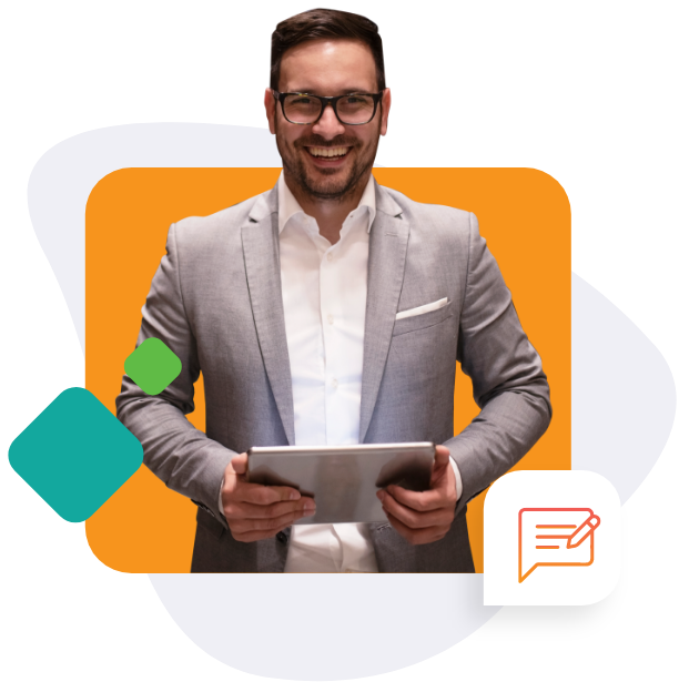 Man smiling holding tablet